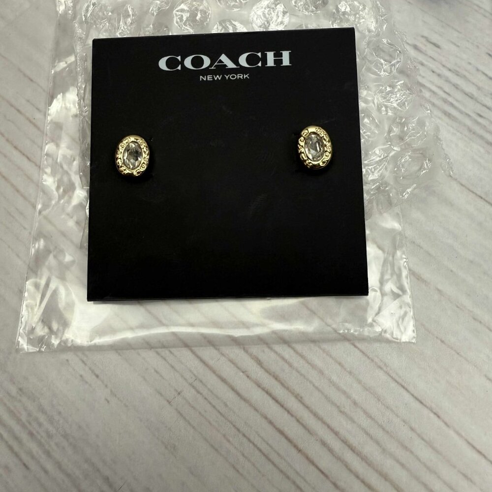 COACH NEW YORK SIGNATURE LOGO STUD EARRINGS GOLD TONE CRYSTAL 0.4”